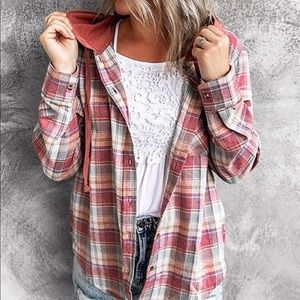 La Mode Women’s Plaid Button Up Hooded Jacket Shirt